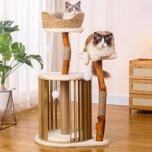 Katzenhaus, Kleiner Katzenbaum, 85 cm, moderner Kratzbaum für kleine bis mittelgroße Katzen, Katzenbaum mit Höhle aus massivem Holz, Wackelball, Kratzbaum aus Sisalseil von Baodiale