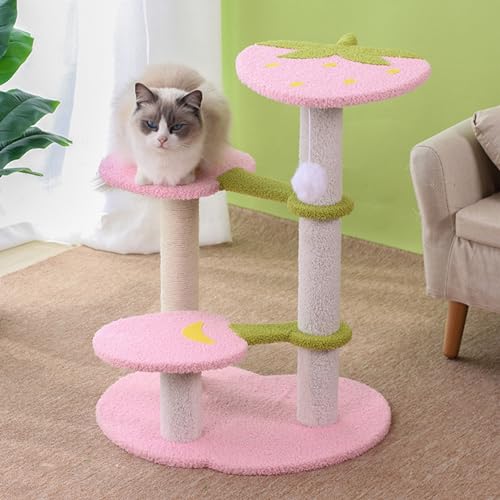 Katzenhaus 3-in-1, Kleiner Katzenbaum, süßer Katzenkratzturm für Hauskatzen, mit großer Sitzstange, Sisal-Kratzbaum und 1 Federspielzeugball (Rosa) von Baodiale