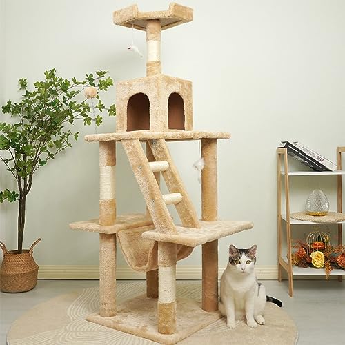 Katzenhaus Katzenbaum, 143 cm Kratzbaum Stabiler Turm für große Katze, Aktivitätszentrum Kletterbaum mit 1 Haus, Hängematte, 3 Sisalstämmen, Leiter und Ruheplatz für den Innenbereich von Baodiale