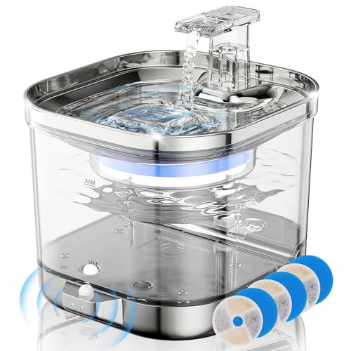 Baoduu Katzenbrunnen, Drahtlose Wasserpumpe Ultraleise 2L Sichtbarer Wasserstand 5000mAh Bewegungsmelder Trinkbrunnen für Katze Kabellos, Katzentrinkbrunnen für Katzen Tablett aus Edelstahl, 4 Filter von Baoduu