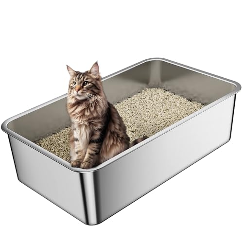 Barhon Katzenklo Edelstahl XXL 60 x 40 x 15 cm, Katzentoilette Edelstahl groß für Großkatzen mit hoher Seite, Katzenklo Metall Nicht klebend, leicht zu reinigen von Barhon