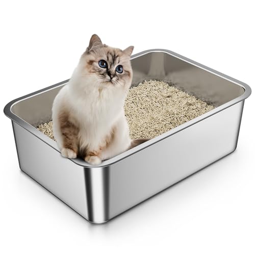 Barhon Kleine Katzentoilette aus Edelstahl, 43,9 cm L x 33,8 cm B x 15,2 cm H, Metall-Kitty-Katzentoilette mit hohen Seiten, leicht zu reinigen, nicht klebriger Boden, Silber von Barhon