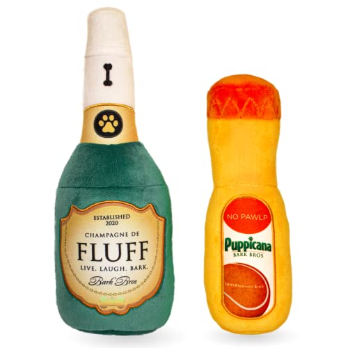 Bark Bros,Paw-mosa Mimosa Champagne OJ Plüsch Quietschendes Hundespielzeug Flasche Parodie Zwei Pack,Hund Geburtstag Spielzeug,Lustiges Hundespielzeug,Junge Mädchen Hundespielzeug von Bark Bros