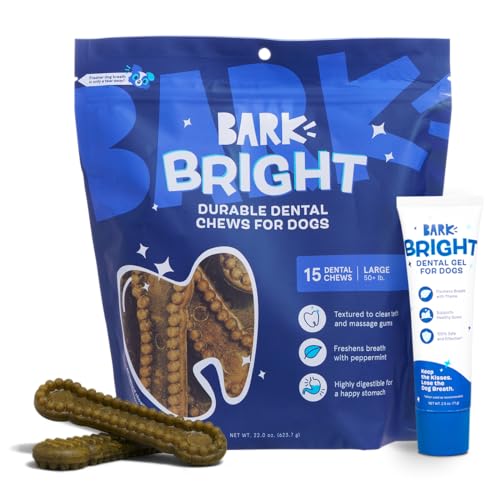 Bark Bright Durable Dental Chews Kit - Hundezahnbürstenset mit Zahnreinigung Kauen & Zahnpasta - Plaque & Zahnstein Entferner für sauberere Zähne & frischeren Atem - Große Rassen - 15 Kauen von Barkbox