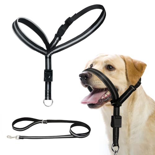 BARKLESS Hundehalsband, reflektierendes Kopfhalfter für kleine, mittelgroße und große Hunde mit weicher Polsterung, kein Ziehen, Mundgeschirr mit Trainingsleine, verstellbare Maulkorbleine für sanftes von Barkless