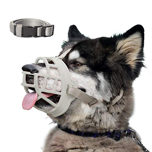 Barkless Maulkorb aus weichem Silikon für Hunde, ermöglicht das Höschen und Trinken, verhindert unerwünschtes Bellen, Beißen und Kauen, inklusive Halsband und Trainingsanleitung, 1 (Snout 7-8"), grau von Barkless