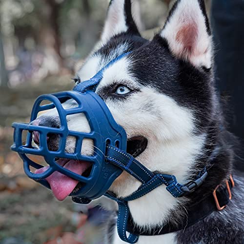 Maulkorb für Hunde, weicher Korb, Silikon-Maulkörbe für Hunde, verhindert Beißen, Kauen und Bellen, ermöglicht Trinken und Hecheln, verwendet mit Halsband (blau, 5 (Schnauze 30,5 cm - 34,9 cm) von Barkless