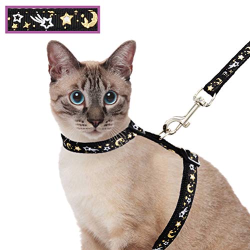 Katzengeschirr und Leine Set für Outdoor Walking Ausbruchsicher Verstellbar Weich Sicherheitsgurt mit goldenem Stern und Mond Design Leuchten im Dunkeln Schwarz Medium von Barleygoo