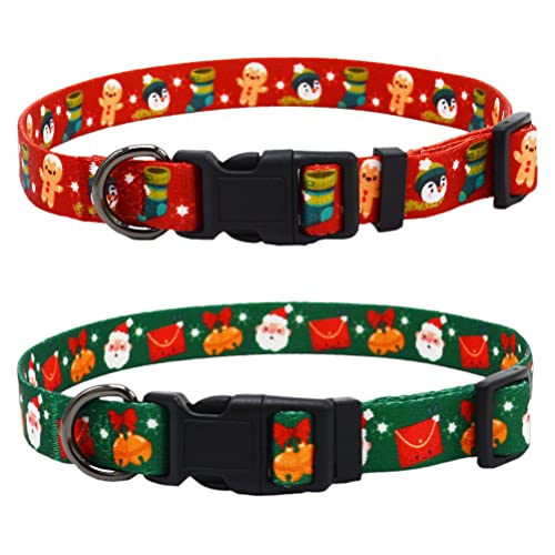 Weihnachts-Hundehalsband mit D-Ring, verstellbar, Nylon, strapazierfähig, für kleine, mittelgroße und große Hunde, Grün und Rot, 2 Stück von Barleygoo