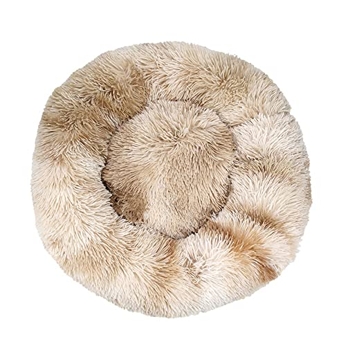 BaronHong Beruhigendes Hundebett & Katzenbett, Anti-Angst-Donut-Hundekuschelbett, wärmendes, gemütliches, weiches, rundes Hundebett, Flauschiges Kunstpelz-Plüsch(bandhnu-beige-brown, 16") von BaronHong