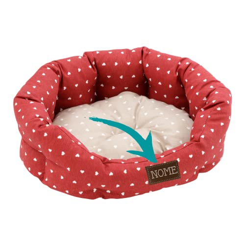 Baroni Home Hundebett PERSONALISIERBAR aus Stoff, Größe L, weiches rundes Hundematte für Hunde und Katzen, bequem, für Schlafzimmer Wohnzimmer Flur, waschbar (50x65 cm, Beige, Rot mit Herzen) von Baroni Home