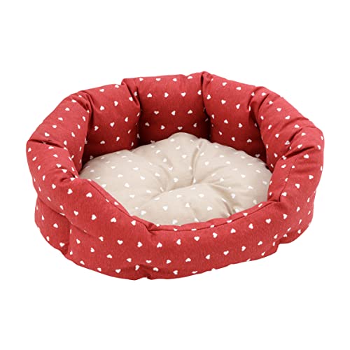 Baroni Home Hundebett aus Stoff, Größe M, weiches rundes Hundematte für Hunde und Katzen, bequem, für Schlafzimmer Wohnzimmer Flur, waschbar (45x55 cm, Beige und Rot mit Herzen) von Baroni Home