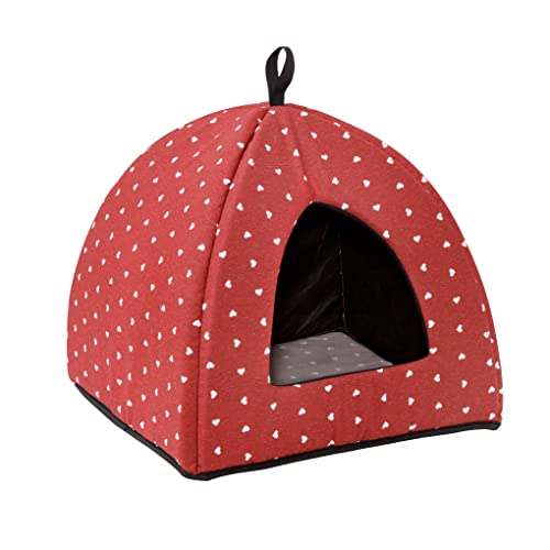 Baroni Home Personalisierbares Katzenbett in Pyramidenform, gepolstertes Kissen mit Namenstickerei, waschbar, 40 x 40 x 36 cm (Rot mit Herzen) von Baroni Home