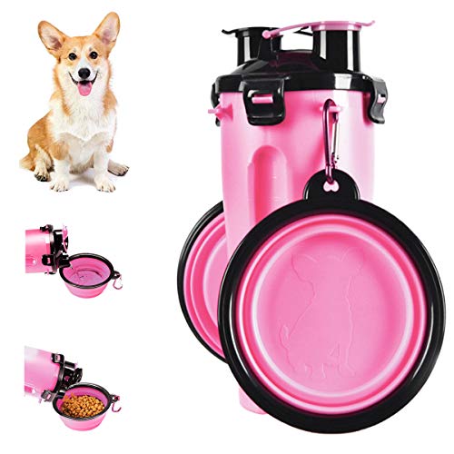 Barrageon Hund Wasserflasche Haustier Travel Trinkflasche Katze Lebensmittelbehälter Tragbare 2 in 1 Doppelkammerflasche 2 Schalen Hunde Feeder für Camping Spaziergang Wandern Reise (Rosa) von Barrageon