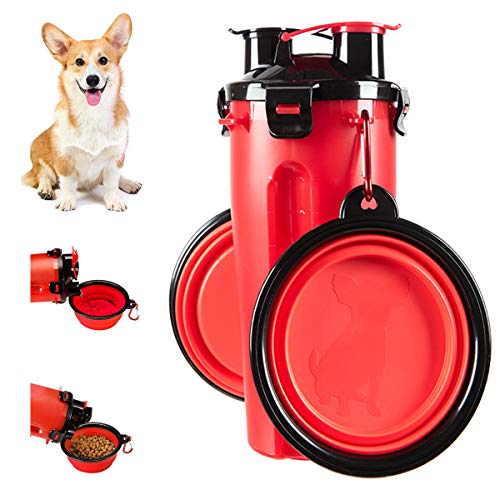 Barrageon Hund Wasserflasche Haustier Travel Trinkflasche Katze Lebensmittelbehälter Tragbare 2 in 1 Doppelkammerflasche 2 Schalen Hunde Feeder für Camping Spaziergang Wandern Reise (Rot) von Barrageon