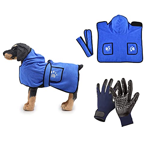 Barrageon Hundebademantel Haustier Bademanteltuch Set Tiere Fellpflege Hundemantel Handschuhe Baden Massagehandschuhe Absorbierende Verstellbaren (M-Blau) von Barrageon