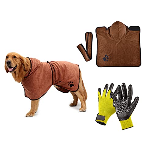 Barrageon Hundebademantel Haustier Bademanteltuch Set Tiere Fellpflege Hundemantel Handschuhe Baden Massagehandschuhe Absorbierende Verstellbaren (M-Braun) von Barrageon