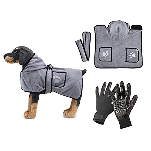 Barrageon Hundebademantel Haustier Bademanteltuch Set Tiere Fellpflege Hundemantel Handschuhe Baden Massagehandschuhe Absorbierende Verstellbaren (M-Grau) von Barrageon