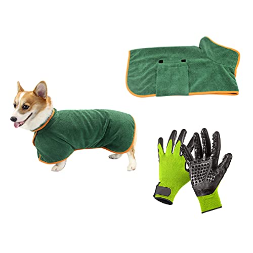 Barrageon Hundebademantel Haustier Bademanteltuch Set Tiere Fellpflege Hundemantel Handschuhe Baden Massagehandschuhe Absorbierende Verstellbaren (M-Grün) von Barrageon