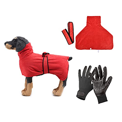 Barrageon Hundebademantel Haustier Bademanteltuch Set Tiere Fellpflege Hundemantel Handschuhe Baden Massagehandschuhe Absorbierende Verstellbaren (M-Rot) von Barrageon