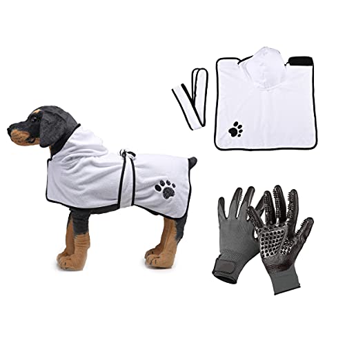 Barrageon Hundebademantel Haustier Bademanteltuch Set Tiere Fellpflege Hundemantel Handschuhe Baden Massagehandschuhe Absorbierende Verstellbaren (M-Weiß) von Barrageon