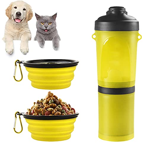 Barrageon Tragbare Haustier Trinkflasche Travel Hunde Wasserflasche Wasser Lebensmittel Dual Zweck Doppelter Faltbare Fressnapf Hunde Katzen Flasche Outdoor Reise Wandern Camping（Gelb） von Barrageon