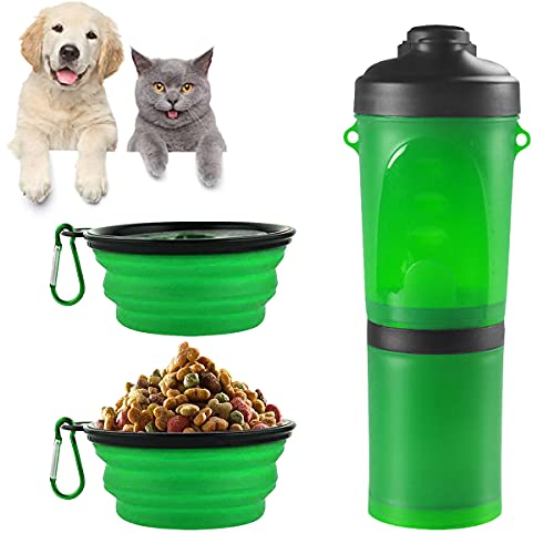 Barrageon Tragbare Haustier Trinkflasche Travel Hunde Wasserflasche Wasser Lebensmittel Dual Zweck Doppelter Faltbare Fressnapf Hunde Katzen Flasche Outdoor Reise Wandern Camping（Grün） von Barrageon