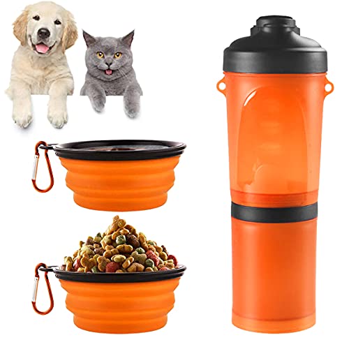 Barrageon Tragbare Haustier Trinkflasche Travel Hunde Wasserflasche Wasser Lebensmittel Dual Zweck Doppelter Faltbare Fressnapf Hunde Katzen Flasche Outdoor Reise Wandern Camping（Orange） von Barrageon