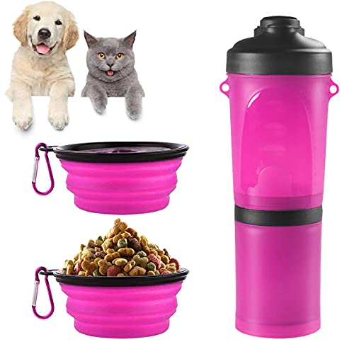 Barrageon Tragbare Haustier Trinkflasche Travel Hunde Wasserflasche Wasser Lebensmittel Dual Zweck Doppelter Faltbare Fressnapf Hunde Katzen Flasche Outdoor Reise Wandern Camping（Rosa） von Barrageon