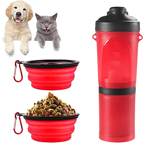 Barrageon Tragbare Haustier Trinkflasche Travel Hunde Wasserflasche Wasser Lebensmittel Dual Zweck Doppelter Faltbare Fressnapf Hunde Katzen Flasche Outdoor Reise Wandern Camping（Rot） von Barrageon