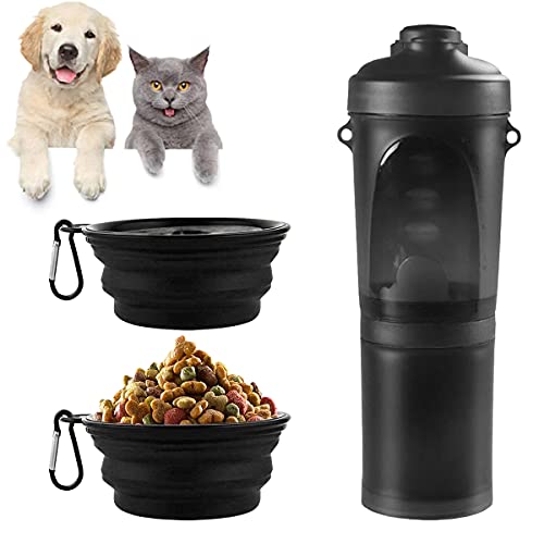 Barrageon Tragbare Haustier Trinkflasche Travel Hunde Wasserflasche Wasser Lebensmittel Dual Zweck Doppelter Faltbare Fressnapf Hunde Katzen Flasche Outdoor Reise Wandern Camping（Schwarz） von Barrageon