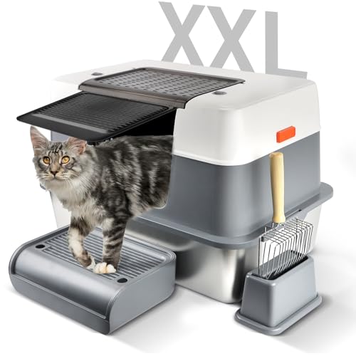 Bartuke Katzenklo mit Deckel, XXL Katzentoilette aus Edelstahl für große Katzen, 3-lagige abnehmbare Cat Litter Box mit Schaufel und Pedal, Nicht klebrig, geruchslos, leicht zu reinigen, Grau von Bartuke