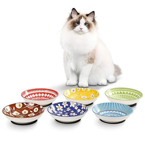 Futternapf Katzen Napf Katze Keramik - Märchenserie Katzennapf Bunt - Katzennäpfe 6er Set - Katzenfutter Napfset mit Rutschfester Matte - Fressnapf Katze - Katzenteller Flach - Katzenschüssel - 250 ml von Batitie