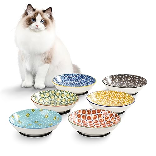 Napf Katze Keramik Katzen Futternapf - Blumenserie Bunte Katzennäpfe 6er Set - Katzenfutter Napfset mit Rutschfester Matte - Katzennapf Flach - Fressnapf Katze - Katzenteller - Katzenschüssel - 250 ml von Batitie