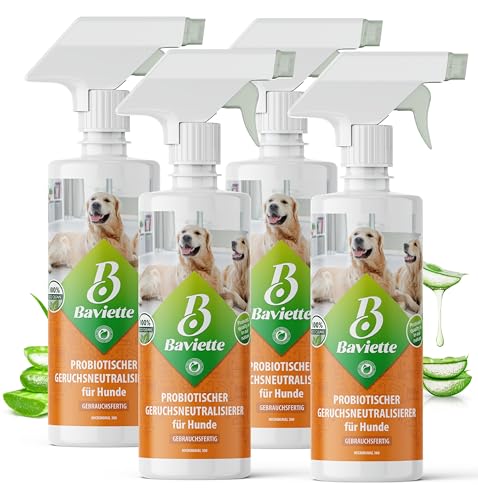 Baviette Hundeurin Neutralisieren bietet porentiefe Wirkung für Möbel, Polster, Teppich Auto, Tiergeruch, Urin Ammoniak zu entfernen Geruchsneutralisierer mit Bio Probiotika Power (Spray 4x500ml) von Baviette