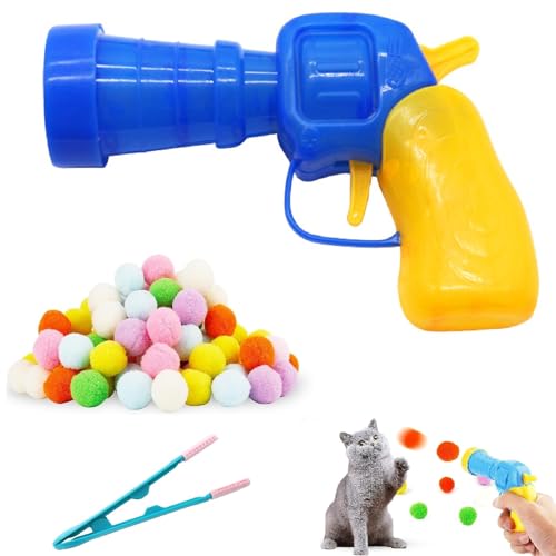 Katzenspielzeug Bälle mit Katzenspielzeug-Werfer,Interaktives Katzenspielzeug,Interaktives Launch-Training,Plüschball Shooting Gun,Plüschball-Schießpistole für Kätzchen(50 Happy Balls + Launch Gun) von Bavooty