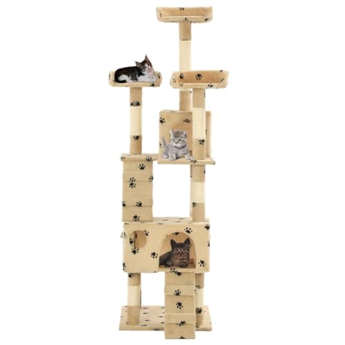 Baziroo Kratzbaum mit Sisal-Säulen 50x50x170 cm Beige mit Pfoten-Muster Katzenzubehör Indoor Cat Furniture Cat Interactive Toy Sachen für Katzen Cat Toy Cat Scratching Post Katze Scratcher von Baziroo