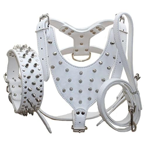 Bbmmayy Hundegeschirr und Halsband, Leder, mit Spikes, für große Rassen, Bullterrier, Labrador, Dobermann, strapazierfähiges Ledergeschirr mit Metallnieten und passender Halsband-Leine, 3-teiliges Set von Bbmmayy