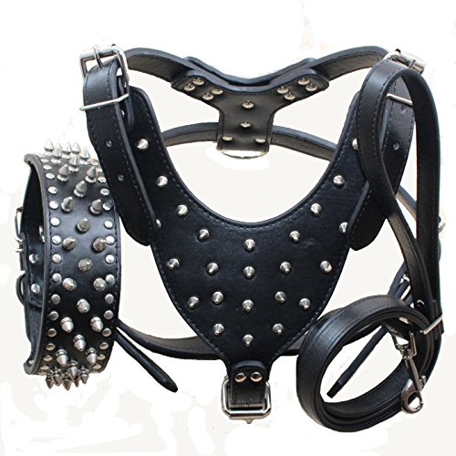 Bbmmayy Hundegeschirr und Halsband, Leder, mit Spikes, für große Rassen, Bullterrier, Labrador, Dobermann, strapazierfähiges Ledergeschirr mit Metallnieten und passender Halsband-Leine, 3-teiliges Set von Bbmmayy