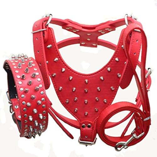 Bbmmayy Hundegeschirr und Halsband, Leder, mit Spikes, für große Rassen, Bullterrier, Labrador, Dobermann, strapazierfähiges Ledergeschirr mit Metallnieten und passender Halsband-Leine, 3-teiliges Set von Bbmmayy