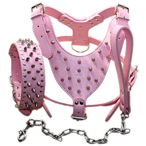 Bbmmayy Hundegeschirr und Halsband aus Leder, mit Spikes, geeignet für große Rassen, Bullterrier, Dobermänner, strapazierfähiges Ledergeschirr mit Metallnieten und passender Halsband-Leine (L, von Bbmmayy