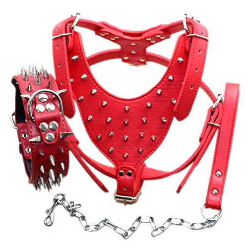 Bbmmayy Hundegeschirr und Halsband aus Leder, mit Spikes, geeignet für große Rassen, Bullterrier, Dobermann, strapazierfähiges Ledergeschirr mit Metallnieten und passender Halsband-Leine (L, Spikes, von Bbmmayy