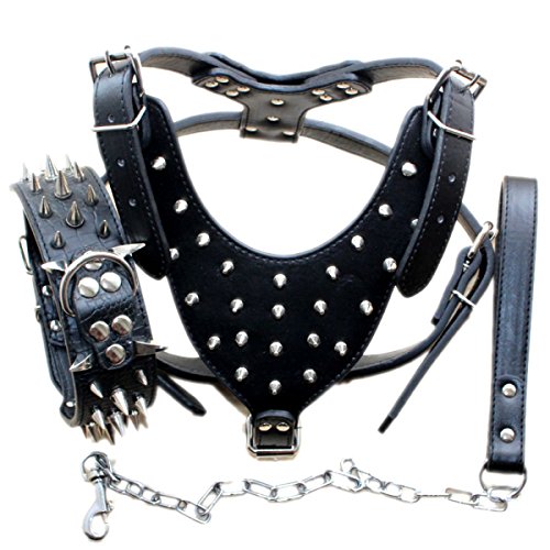 Bbmmayy Hundegeschirr und Halsband aus Leder, mit Spikes, geeignet für große Rassen, Bullterrier, Dobermann, strapazierfähiges Ledergeschirr mit Metallnieten und passender Halsband-Leine (L, Spikes, von Bbmmayy