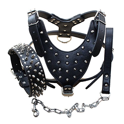 Bbmmayy Hundegeschirr und Halsband aus Leder, mit Spikes, geeignet für große Rassen, Bullterrier, Dobermann, strapazierfähiges Ledergeschirr mit Metallnieten und passender Halsbandleine, Nieten, von Bbmmayy