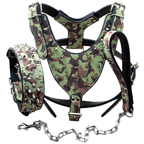 Bbmmayy Hundegeschirr und Halsband aus Leder mit Spikes, geeignet für große Rassen, Bullterrier, Dobermänner, strapazierfähiges Ledergeschirr mit Metallnieten und passender Halsbandleine (XL, Nieten, von Bbmmayy