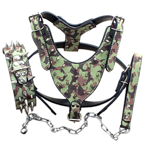 Bbmmayy Hundegeschirr und Halsband aus Leder mit Spikes, geeignet für große Rassen, Bullterrier, Dobermann, strapazierfähiges Ledergeschirr mit Metallnieten und passender Halsband-Leine (L, Spikes, von Bbmmayy