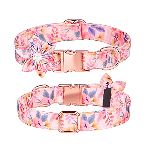 Bbmmayy Hundehalsband, Mädchen Hundehalsband Welpenhalsband Blumenmuster Hundehalsband Niedliches Hundehalsband mit Abnehmbar Strass Blume für Hündinnen Klein Mittel Groß (M, Rosa) von Bbmmayy