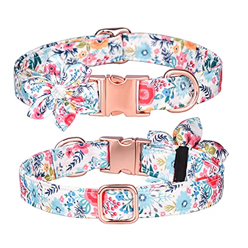 Bbmmayy Hundehalsband, Mädchen Hundehalsband Welpenhalsband Blumenmuster Hundehalsband Niedliches Hundehalsband mit Abnehmbar Strass Blume für Hündinnen Klein Mittel Groß (M, Weiß) von Bbmmayy