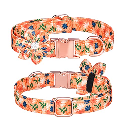 Bbmmayy Hundehalsband, Mädchen Hundehalsband Welpenhalsband Blumenmuster Hundehalsband Niedliches Hundehalsband mit Abnehmbar Strass Blume für Hündinnen Kleine Mittel Groß (L, Orange) von Bbmmayy