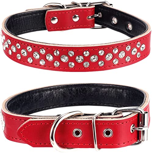 Bbmmayy Hundehalsband, Strasssteine, verstellbar, glitzernd, echtes Leder, für kleine und mittelgroße Rassen (Größe M für Halsumfang 30,5–38,1 cm, Rot) von Bbmmayy